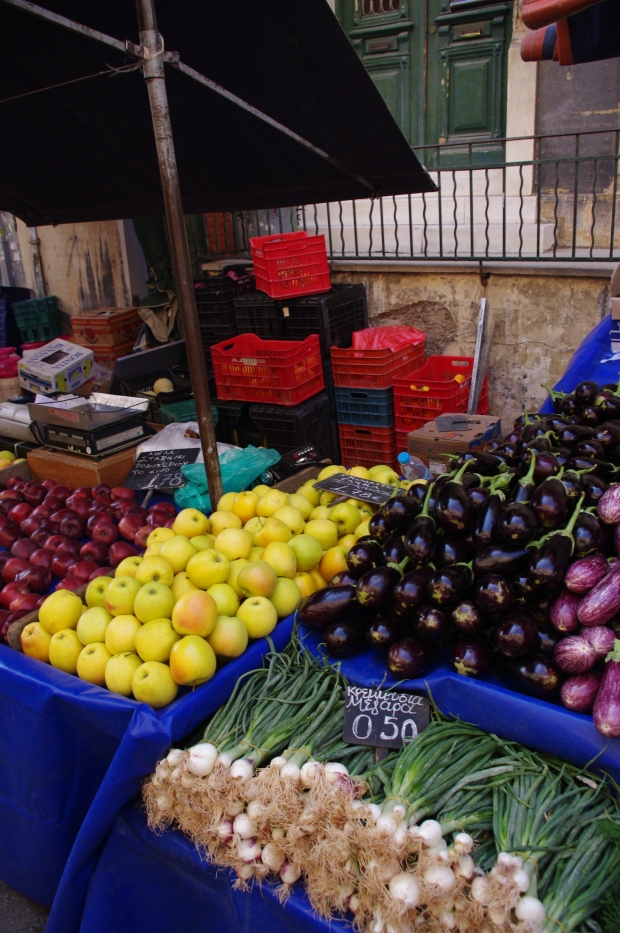 Stand in Athens with goods from local farmland