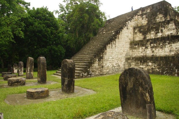 Jungle nearly swallows ruins in Tikal.